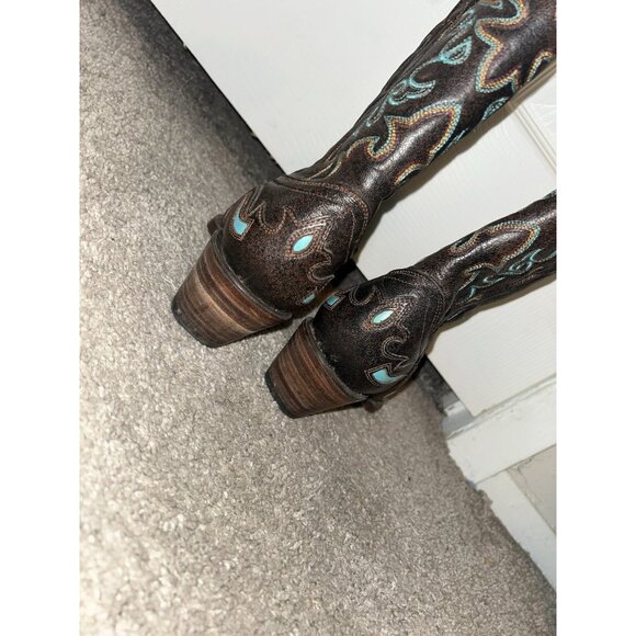 Corral Brown and Turquoise Embroidered Western Inlay Snip Toe Boots Size 6 M - Picture 6 of 10